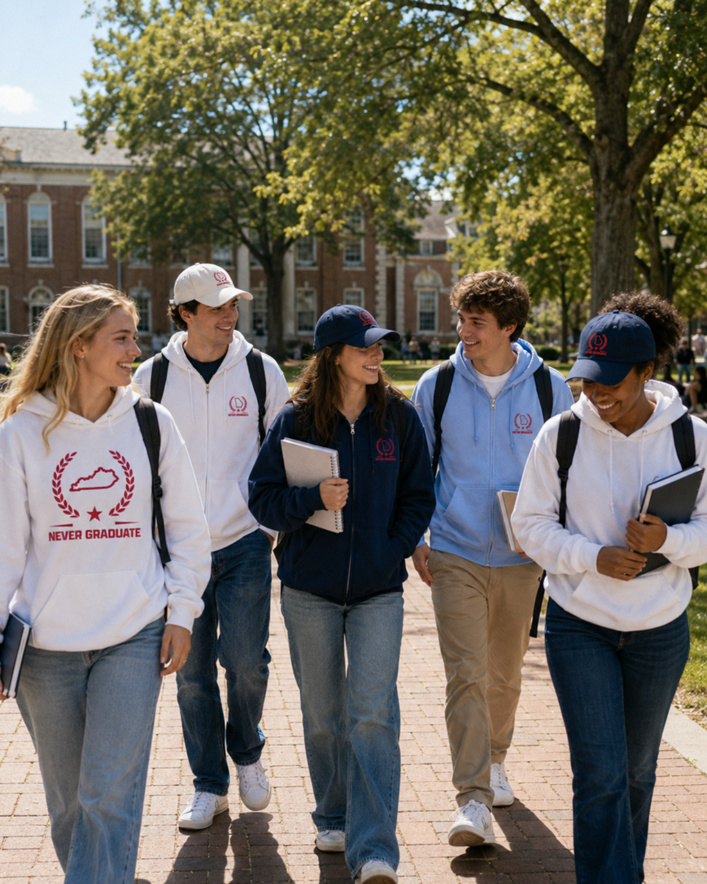 Students on campus in NeverGraduate apparel