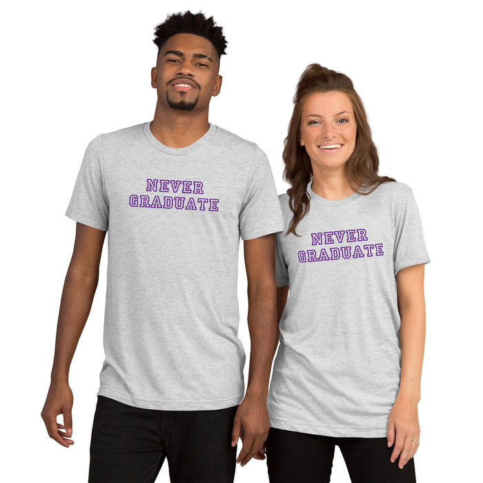Official Never Graduate T-shirt - Regalia Purple Lettering - Tri-blend